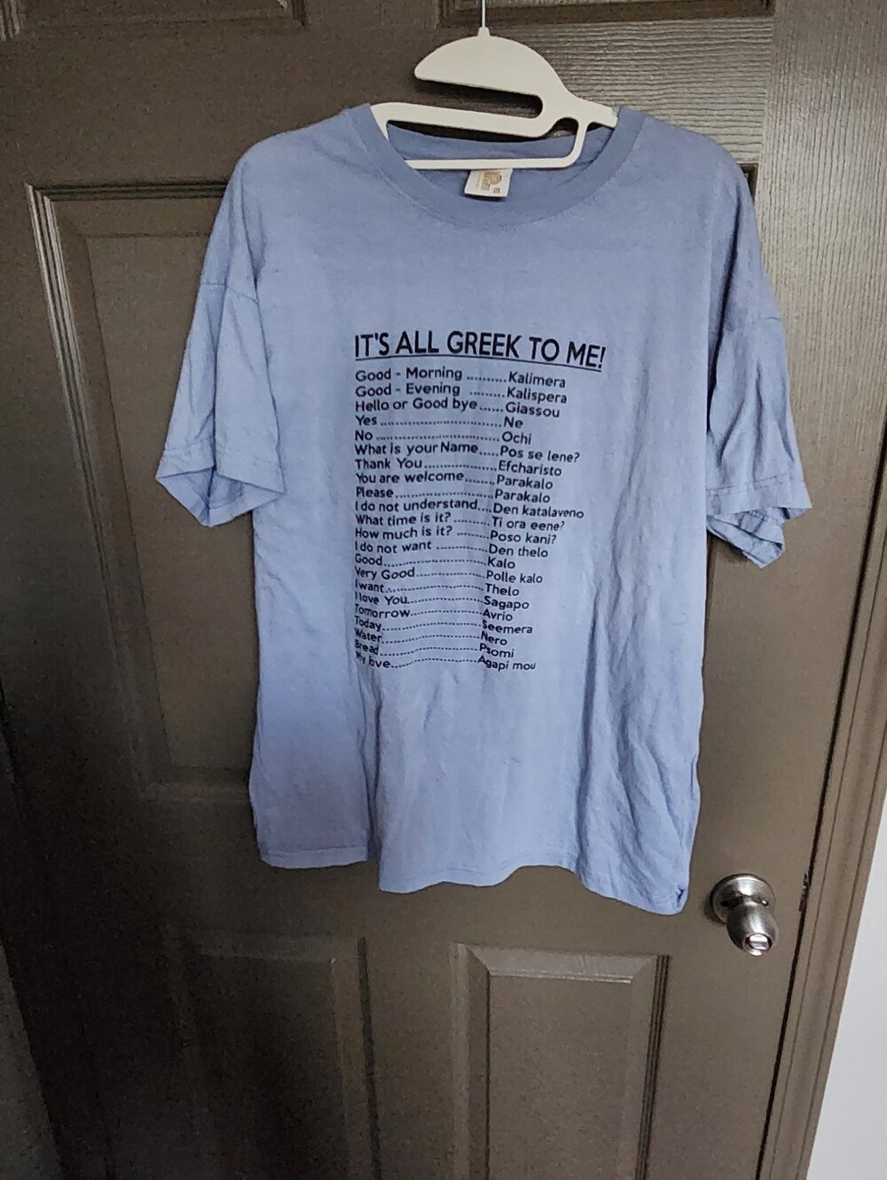 Light Blue Graphic Short-Sleeve Tee with 'It's All Greek To Me' Print